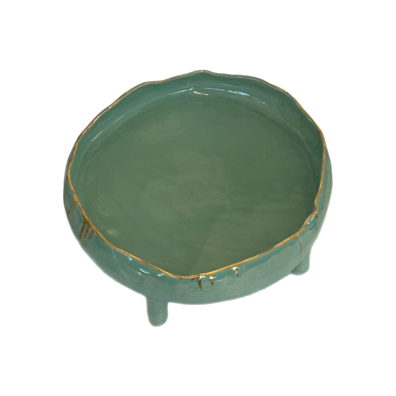 Ceramic Serving Round Footed Platter Large - Celadon with Gold Rim