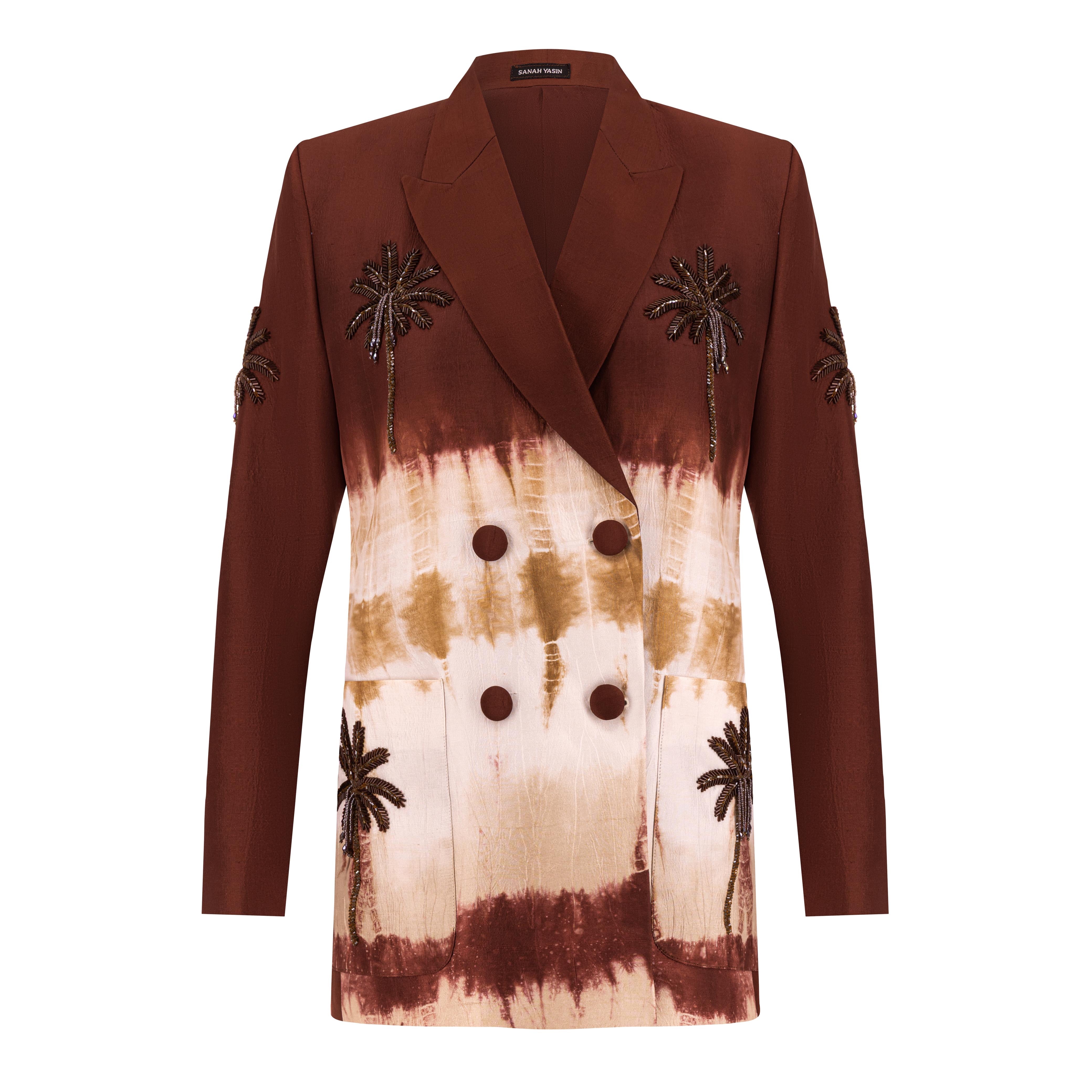Brown Tie Die Blazer with Tassel Palm Tree