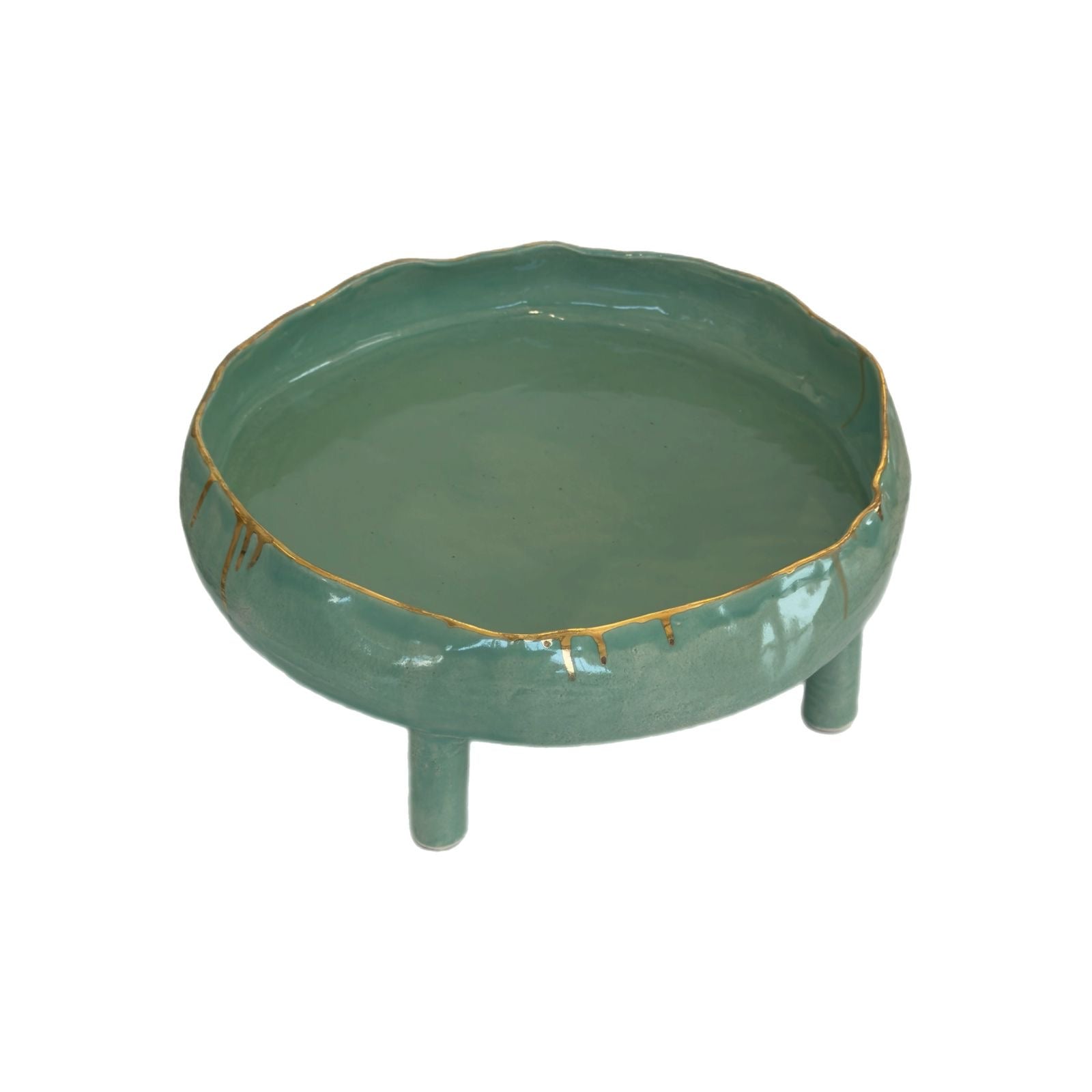 Ceramic Serving Round Footed Platter Large - Celadon with Gold Rim