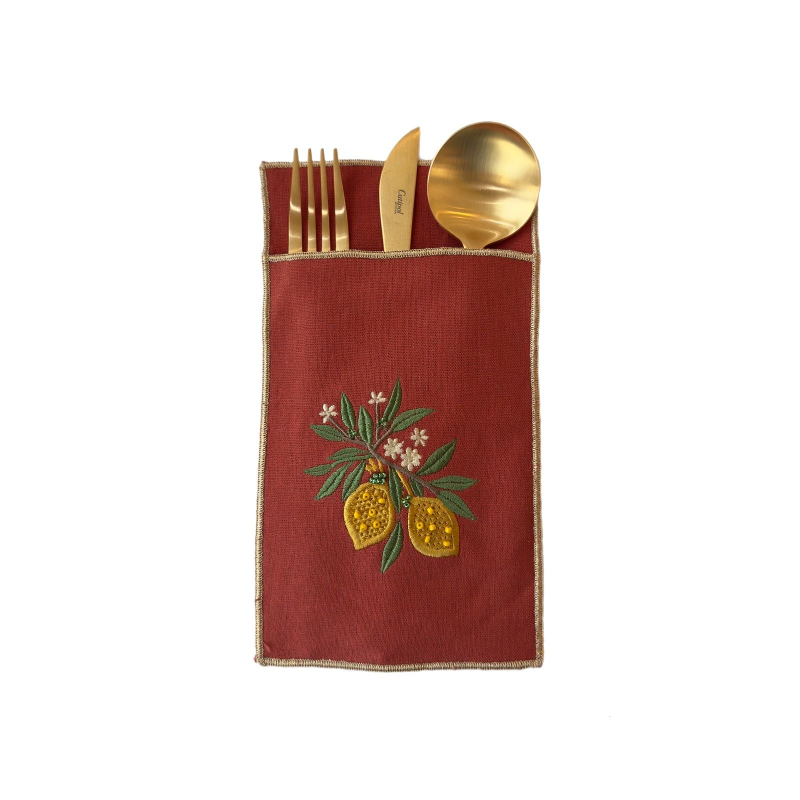 A Table Embroidered Cutlery Pouch - Lemon