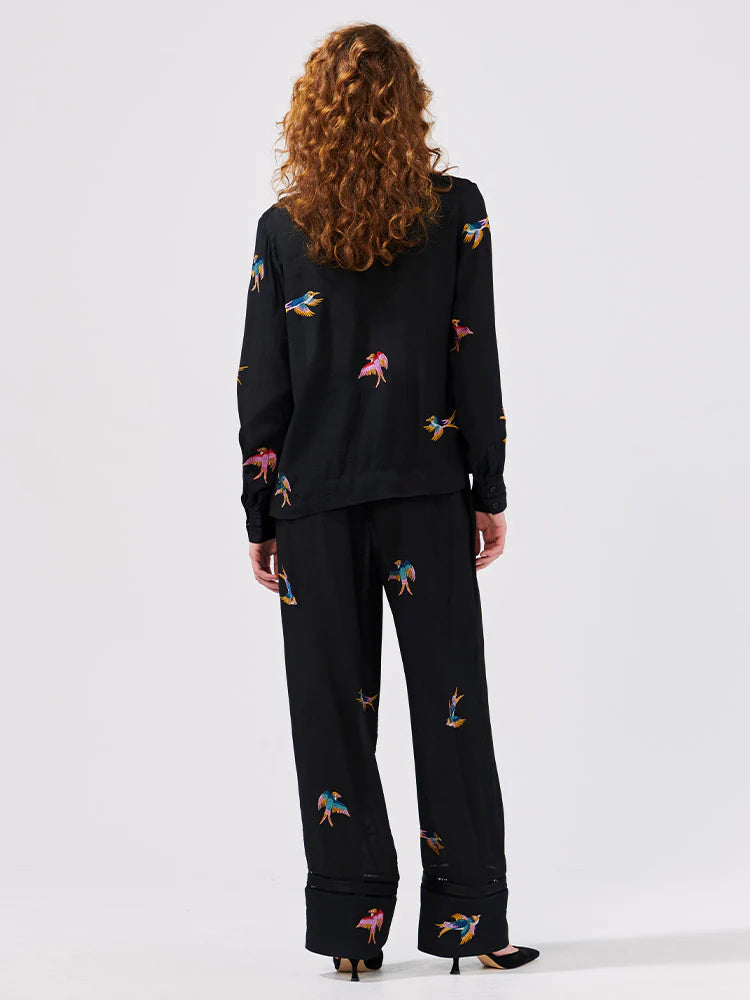 Hayley Menzies Midnight Charming Birds Embroidered Crepe Trousers
