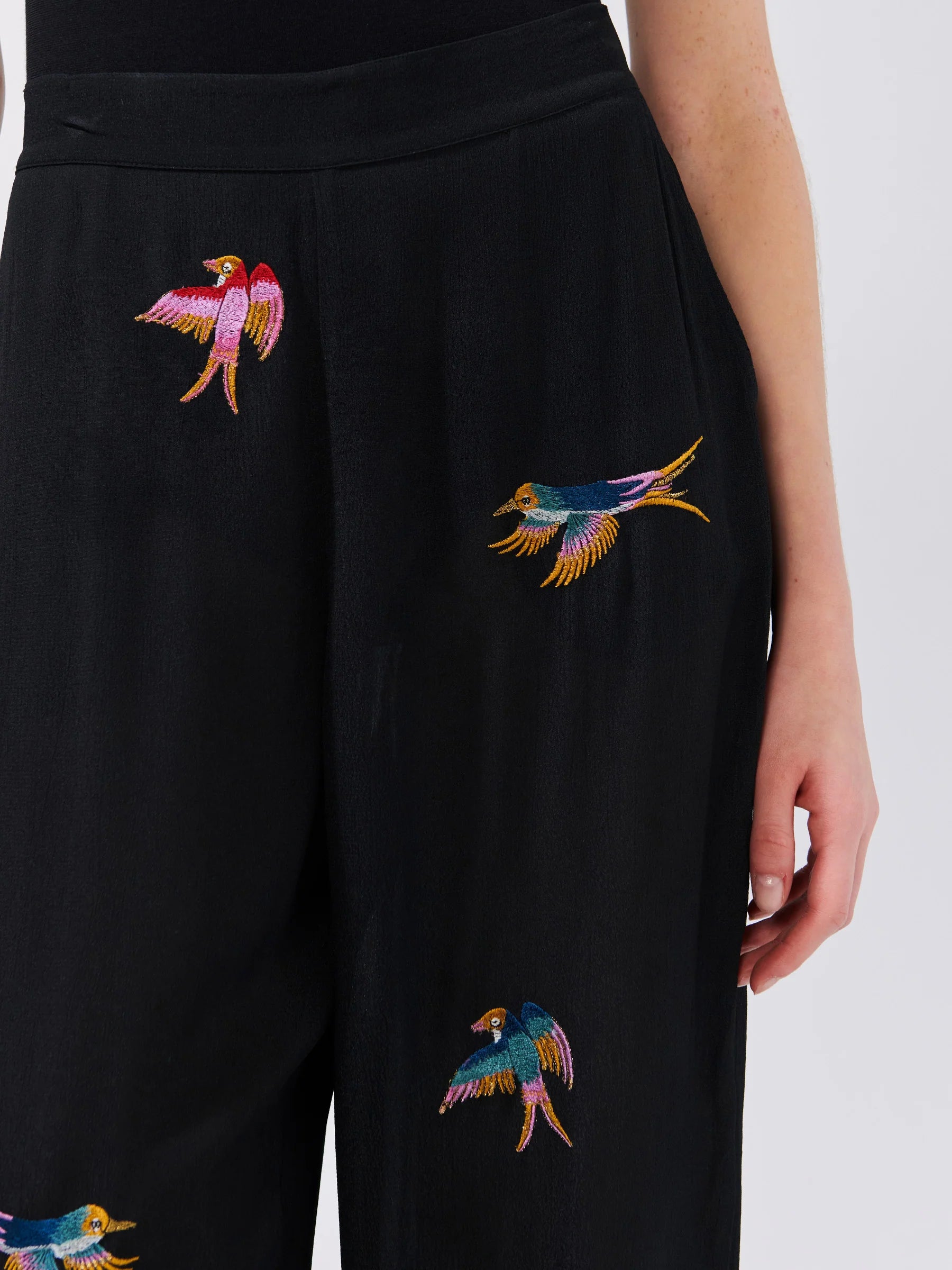 Hayley Menzies Midnight Charming Birds Embroidered Crepe Trousers
