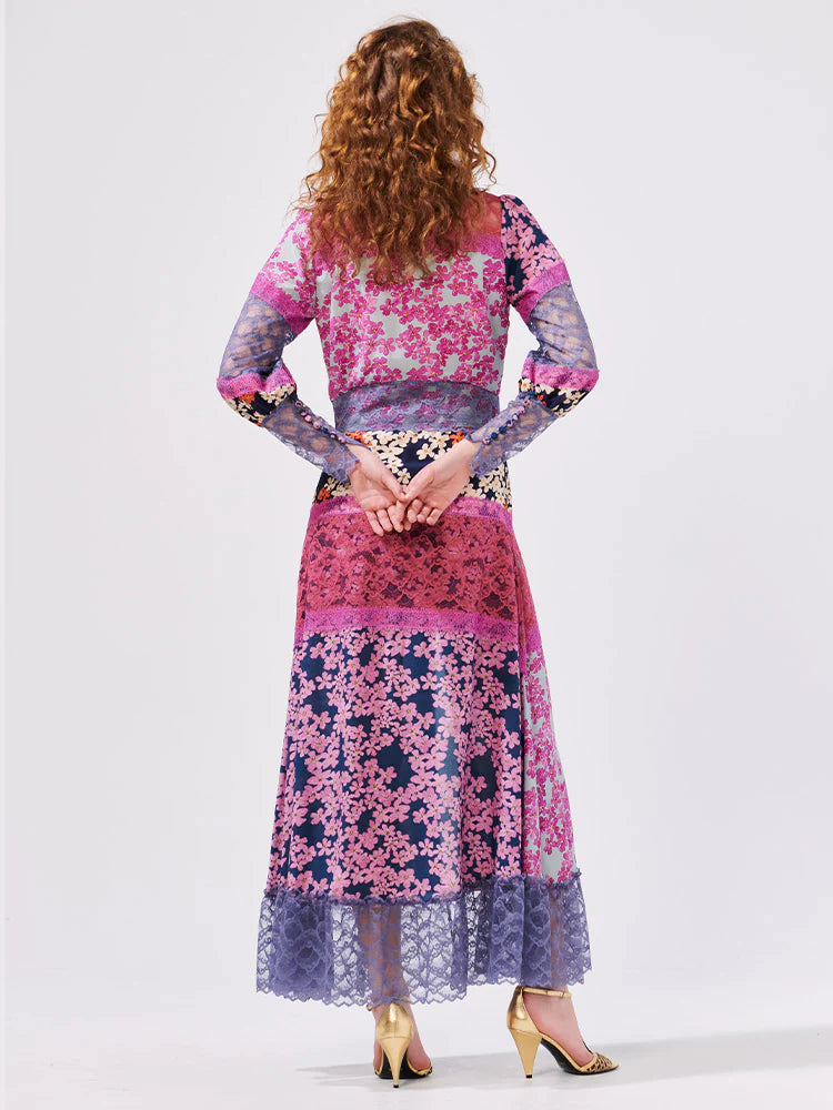 Hayley Menzies Cherry Blossom Lace Paneled Silk Dress