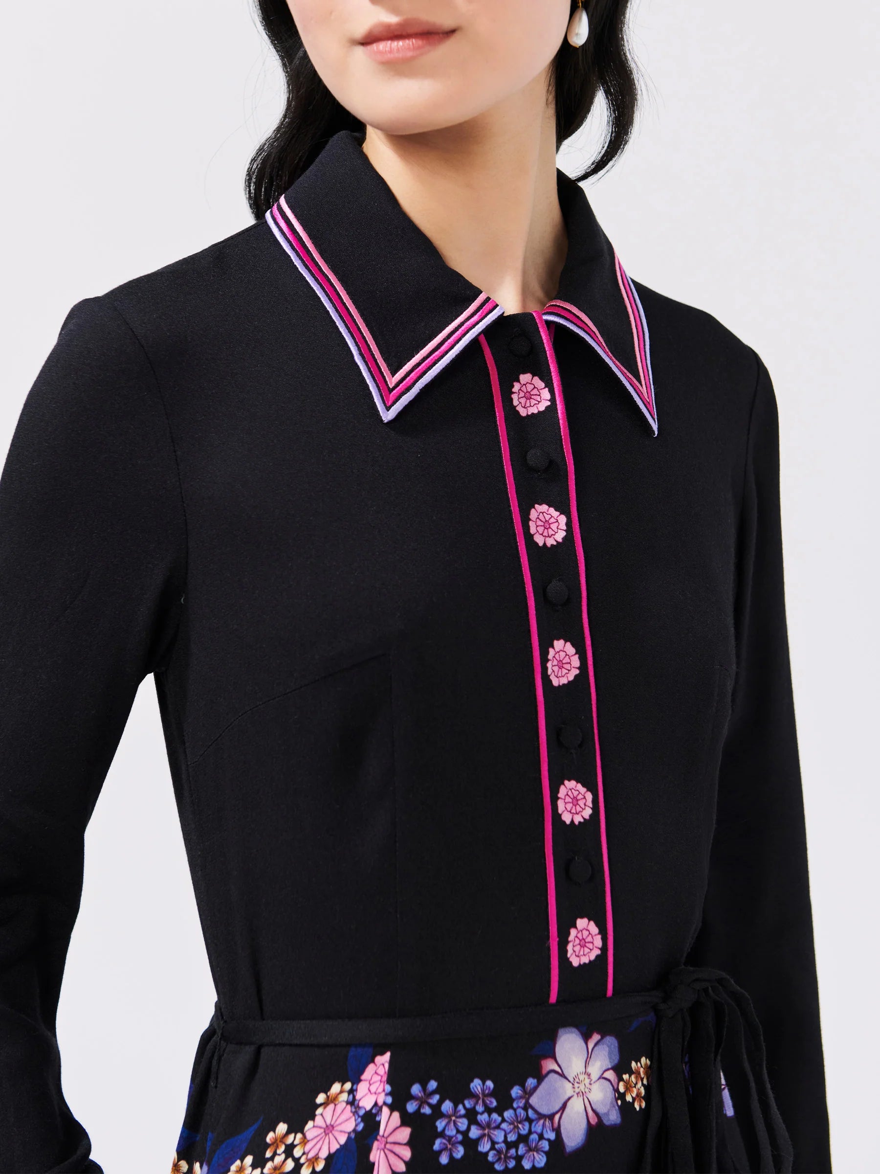 Hayley Menzies Floral Chain Embroidered Crepe Shirt Dress