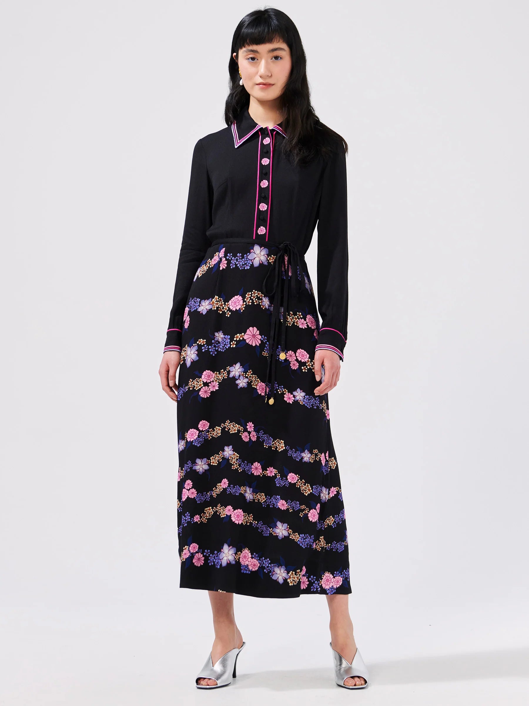 Hayley Menzies Floral Chain Embroidered Crepe Shirt Dress