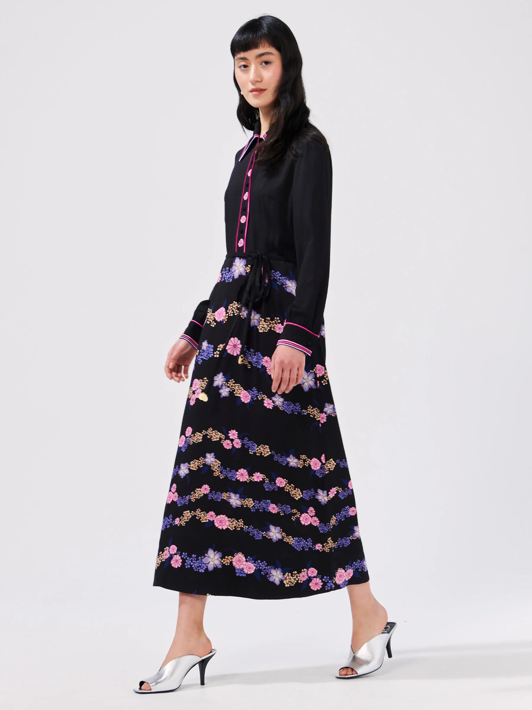 Hayley Menzies Floral Chain Embroidered Crepe Shirt Dress