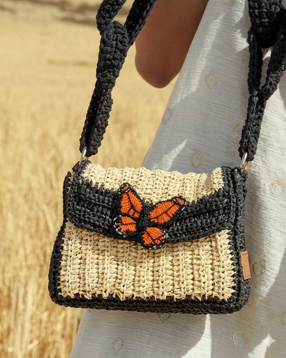Butterfly Raffia Strap Bag