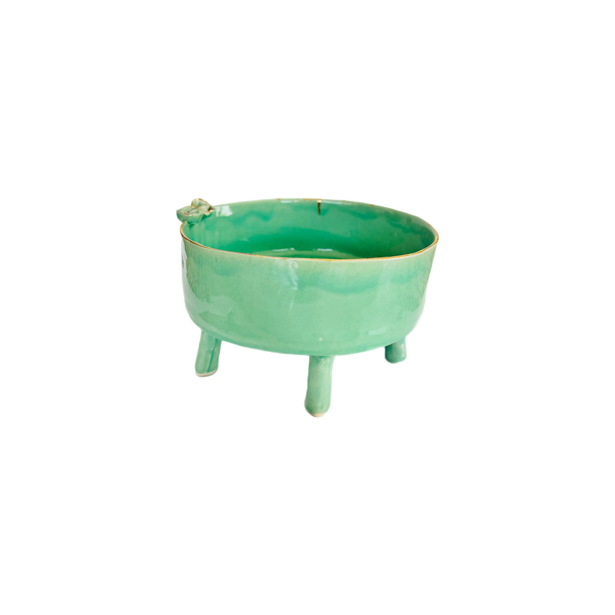 Marylynn Massoud & Rasha Nawam Ceramics Serving Pot with Legs- Celadon with Flower and Gold Rim