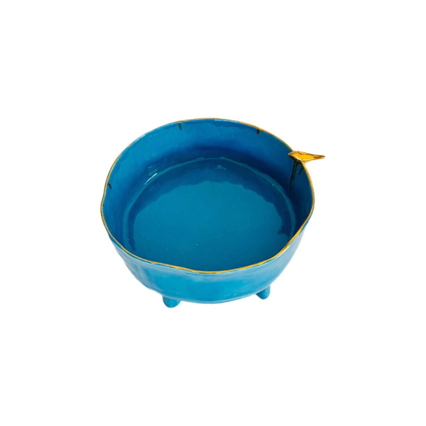 Marylynn Massoud & Rasha Nawam Ceramics Serving Pot with Legs- Blue with Bird and Gold Rim (Copy)