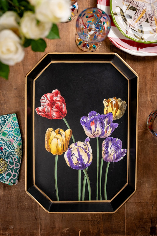 Les Ottomans Rectangular Painted Iron Tray - Tulips