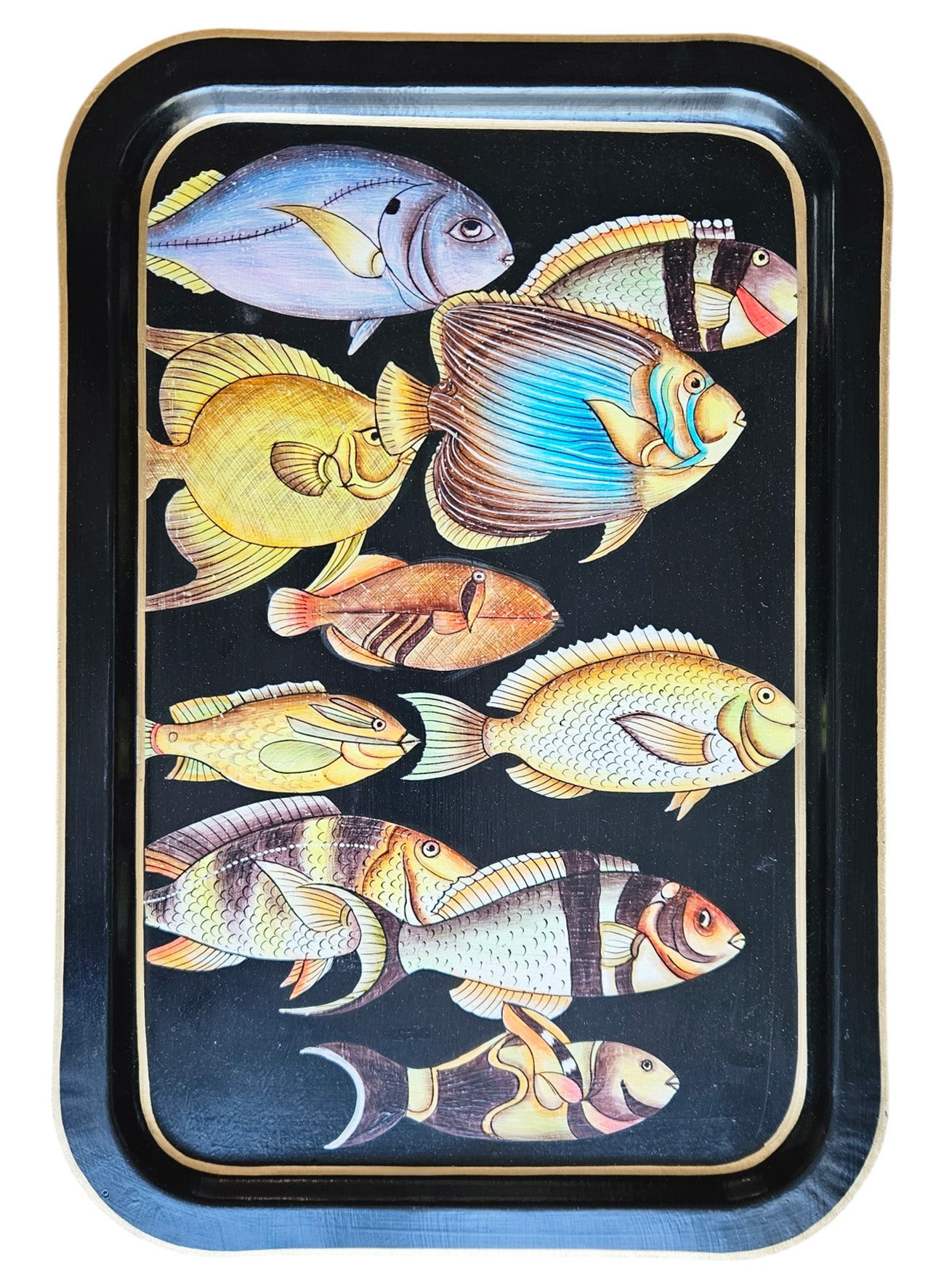 Les Ottomans Rectangular Black Painted Iron Tray - Fishes