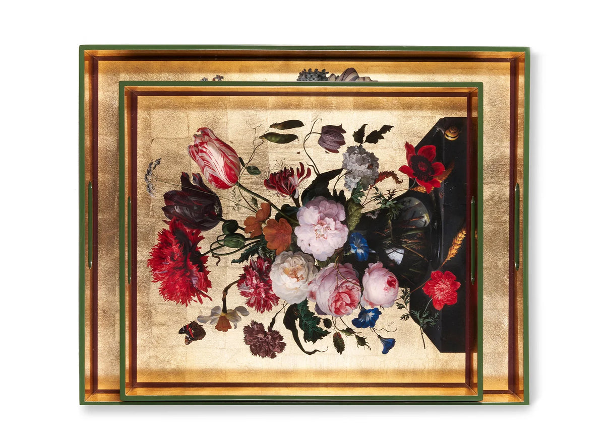 Gold Leaf Still Life Rectangular Lacquered Tray - Medium