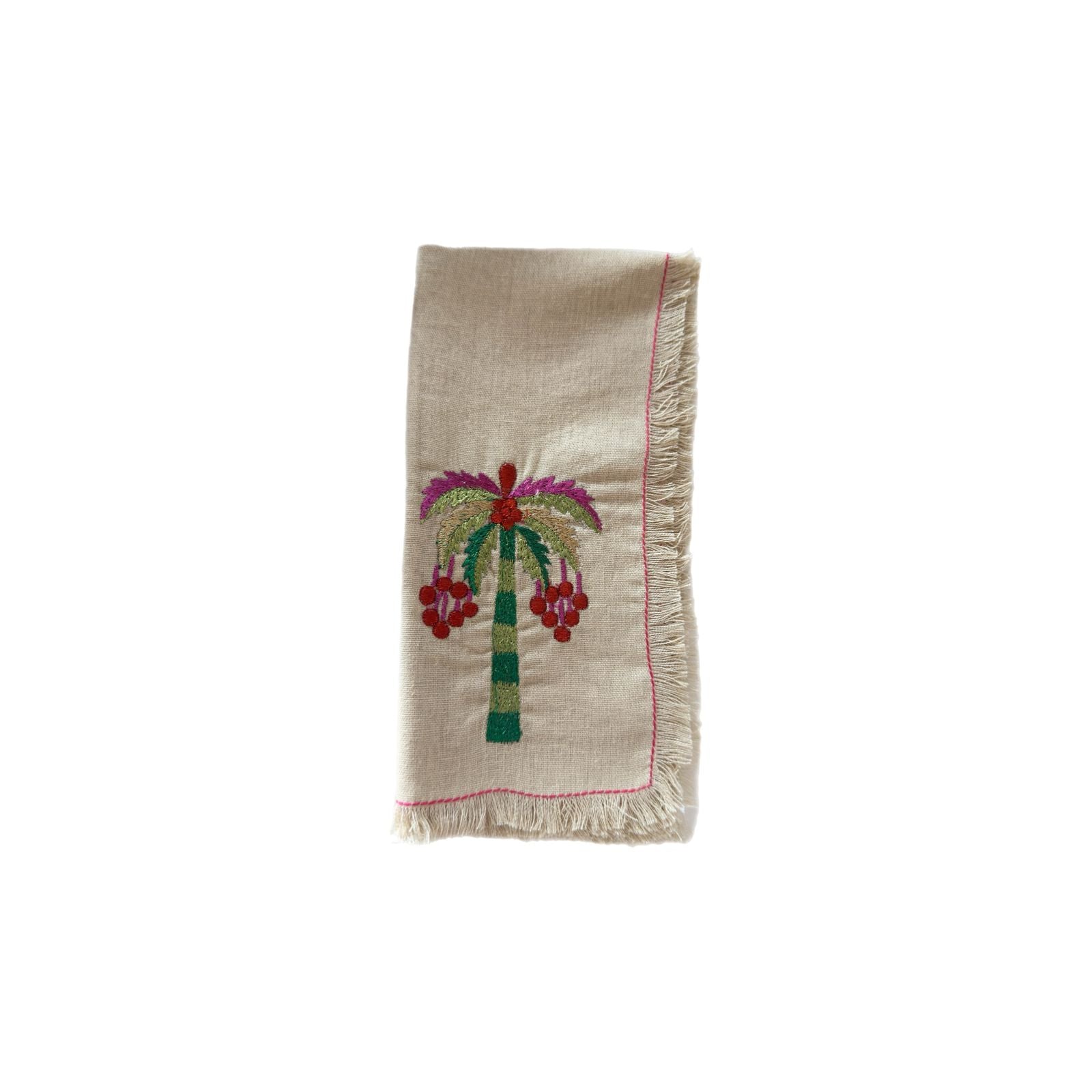 A Table Embroidered Linen Napkin Pink Frayed Palm Tree