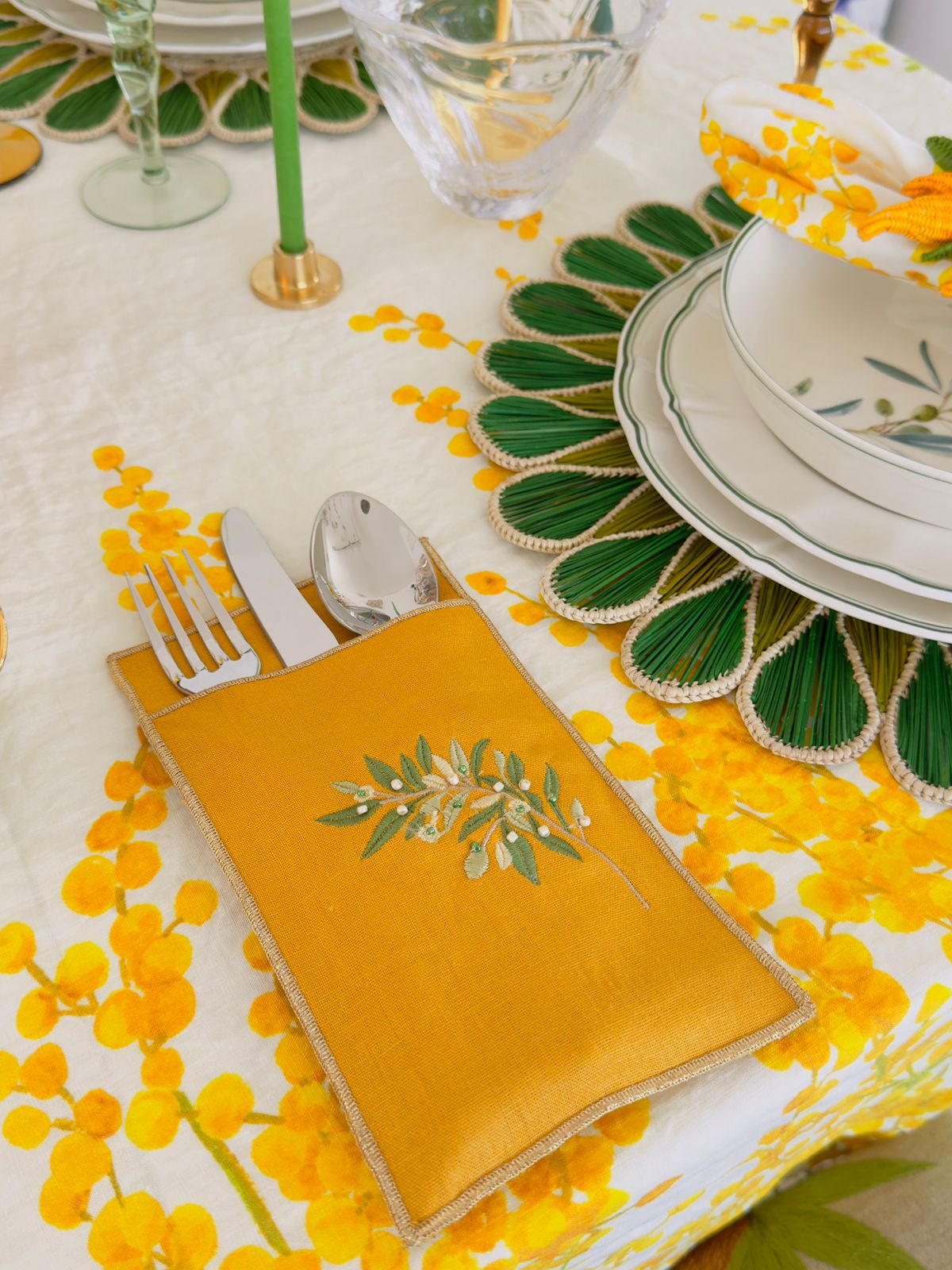 A Table Embroidered Cutlery Pouch - Olive Branch