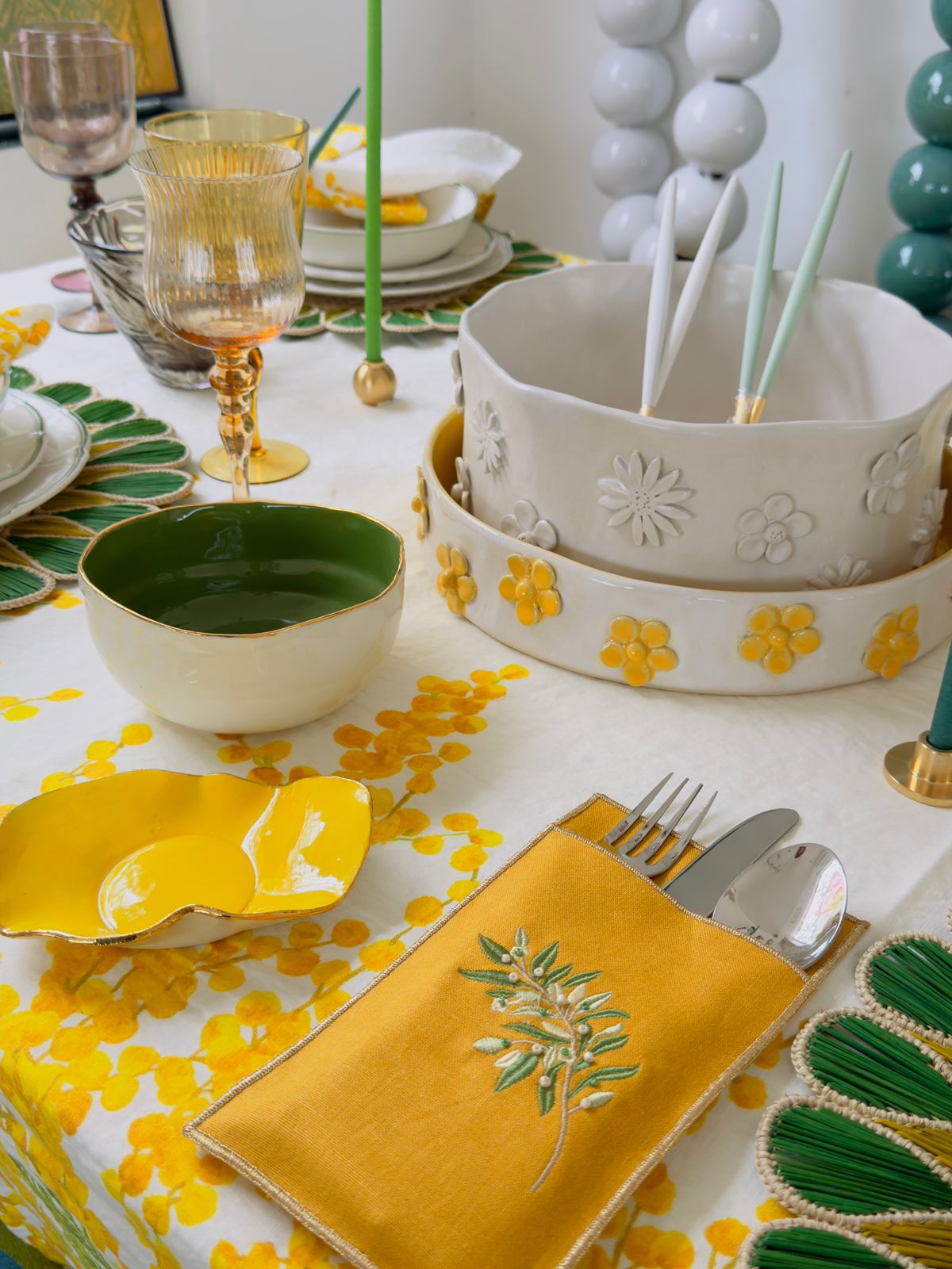 A Table Embroidered Cutlery Pouch - Olive Branch