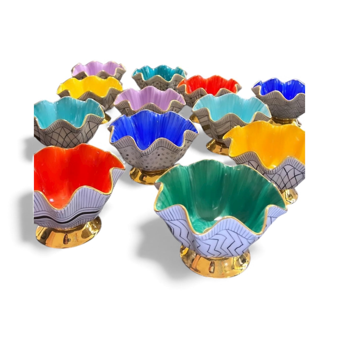 Hand Painted Porcelain Pedestal Zig Zag Big Bowl