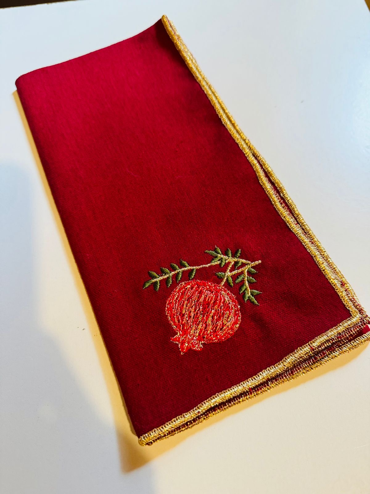 A Table Embroidered Linen Napkin Red - Pomegranate