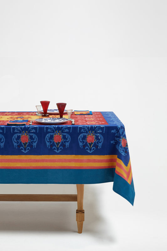 Brocade Royal Blue Cotton Tablecloth - 180x350