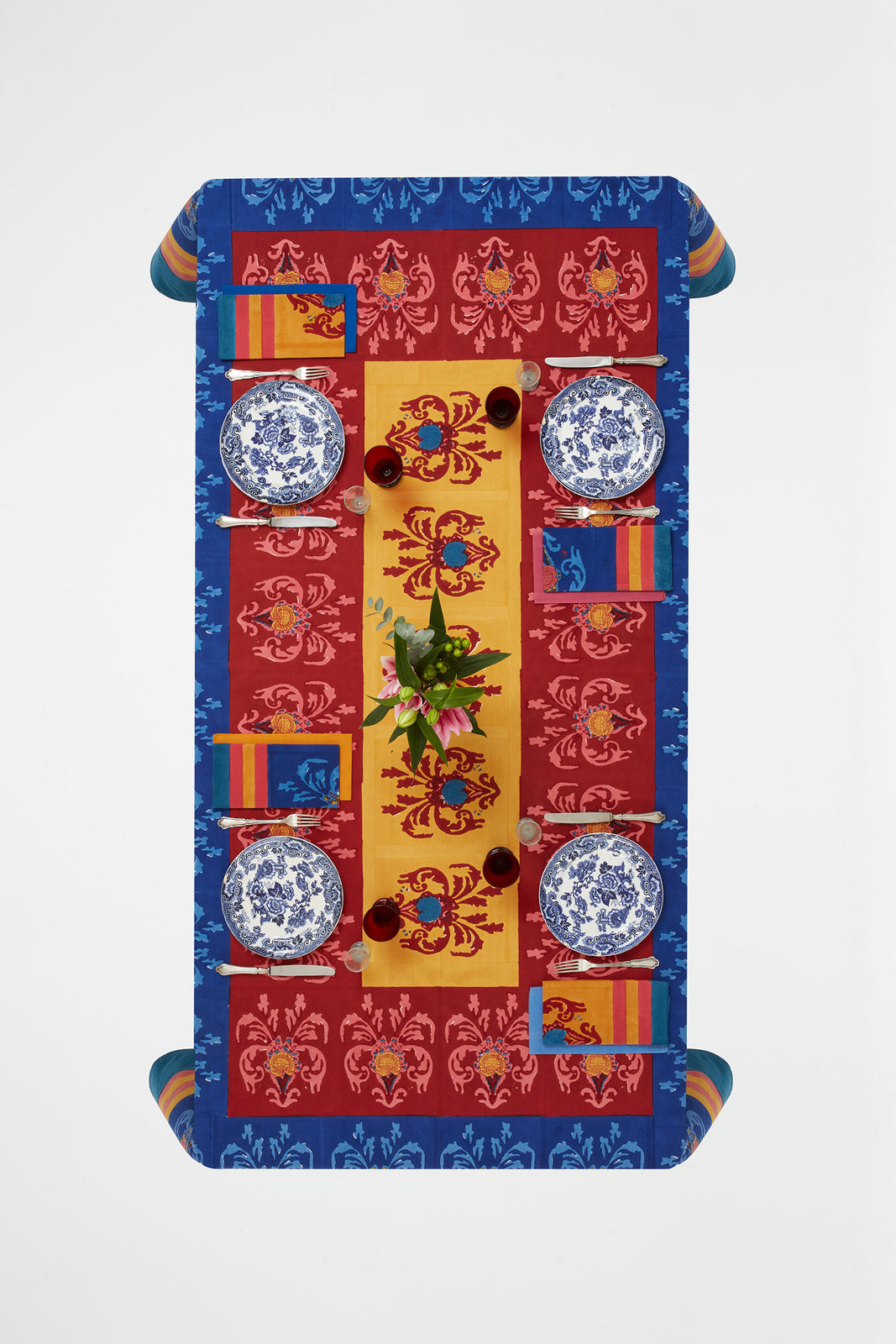 Brocade Royal Blue Cotton Tablecloth - 180x350