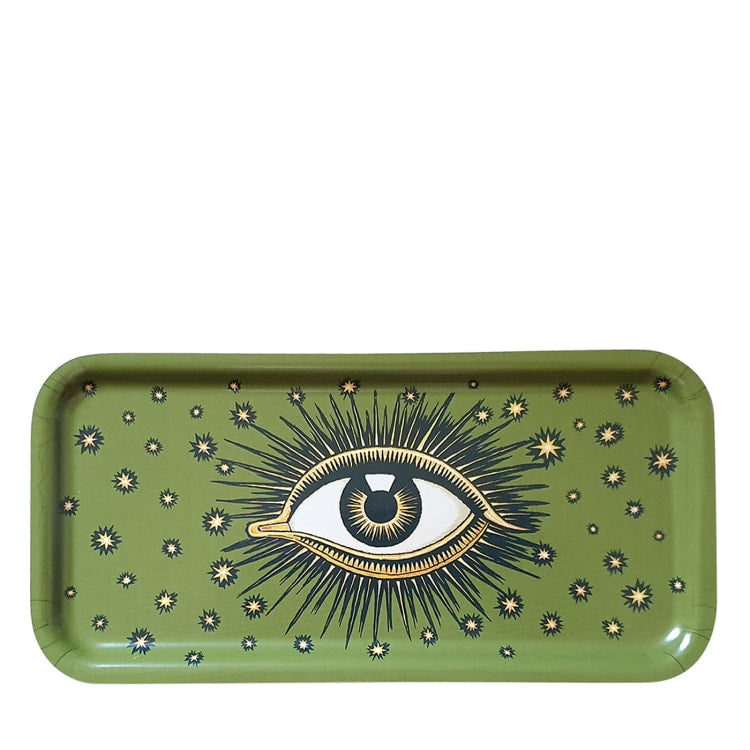 Les Ottomans Rectangular Evil Eye Wooden Tray - Green