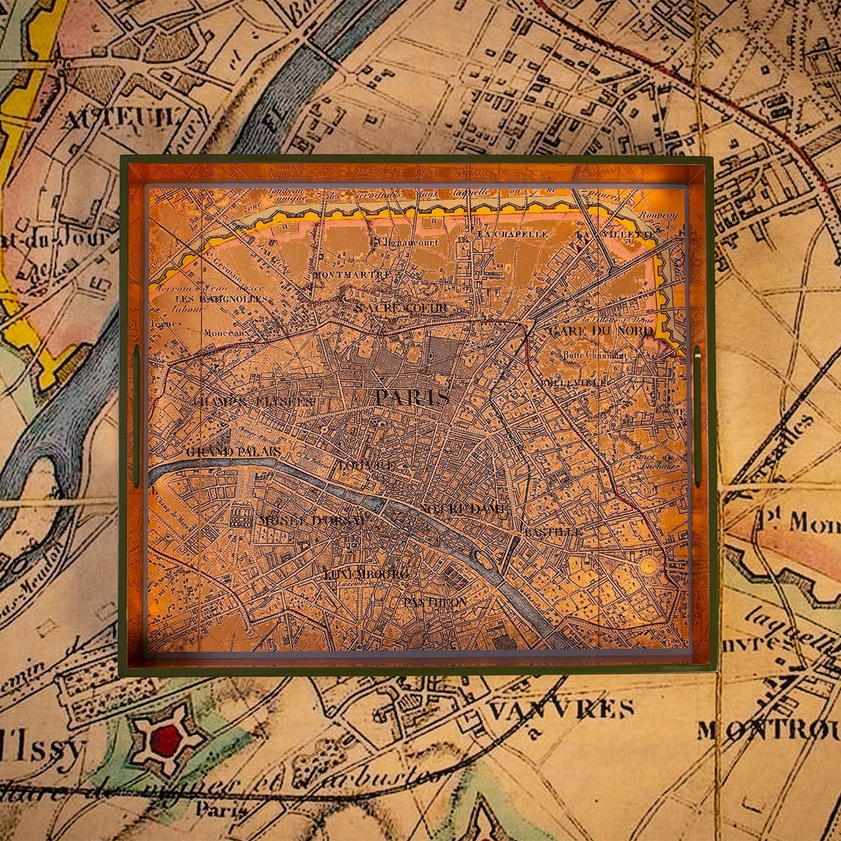 Gold Leaf Paris Map Rectangular Lacquered Tray