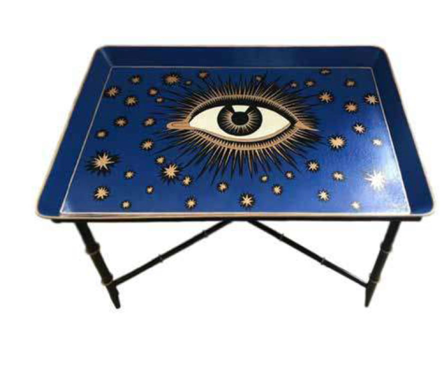 Les Ottomans Rectangular Evil Eye Iron Tray Table - Blue