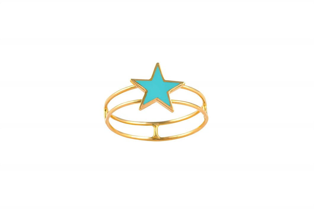LRJC Aqua Blue Star Enameled Ring 18K Gold