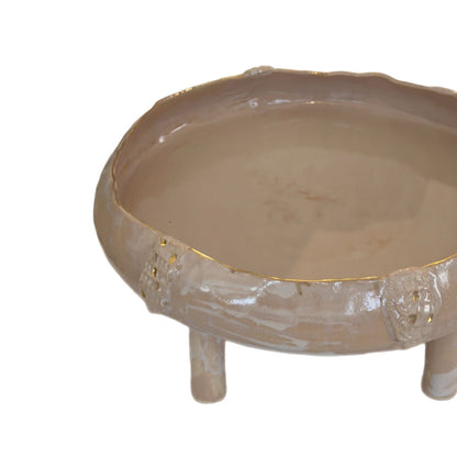 Ceramic Serving Round Footed Platter XLarge - Nude with Gold Rim