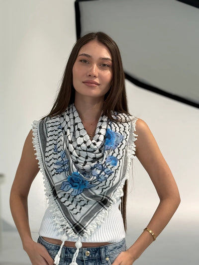 Keffiyeh Black & White with Embroidered Rose