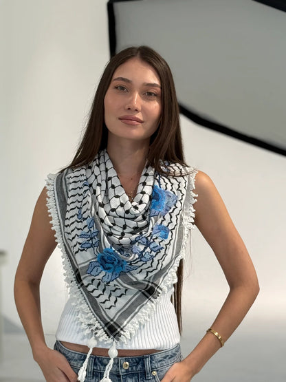 Keffiyeh Black & White with Embroidered Rose
