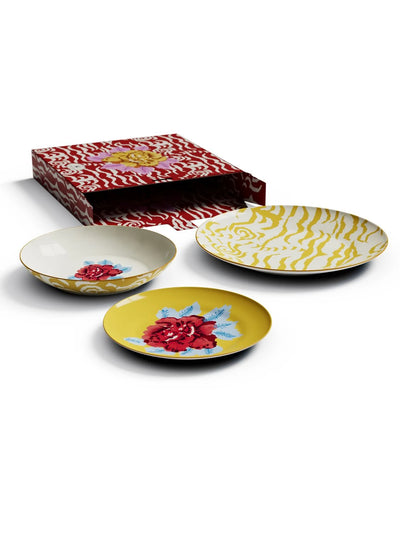 Indian Tiger Gold Porcelain Plates Set of 3 - Gold