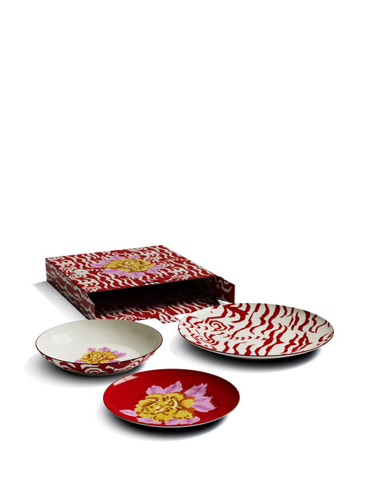 Indian Tiger Gold Porcelain Plates Set of 3 - Red