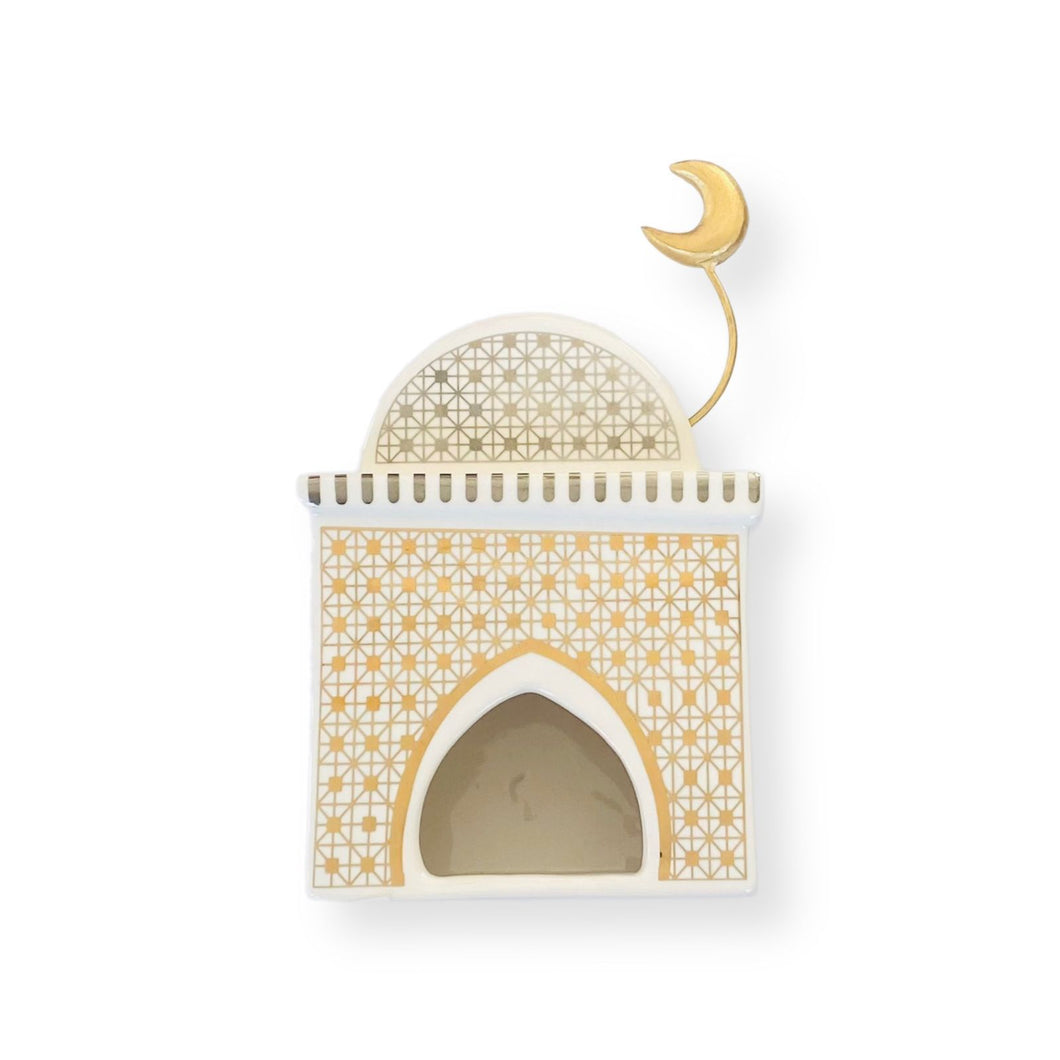 Mosque Small Candle Holder with Moon - White & Gold