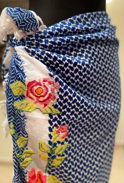 Keffiyeh Blue & White with Embroidered Rose