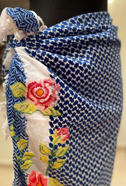 Keffiyeh Blue & White with Embroidered Rose