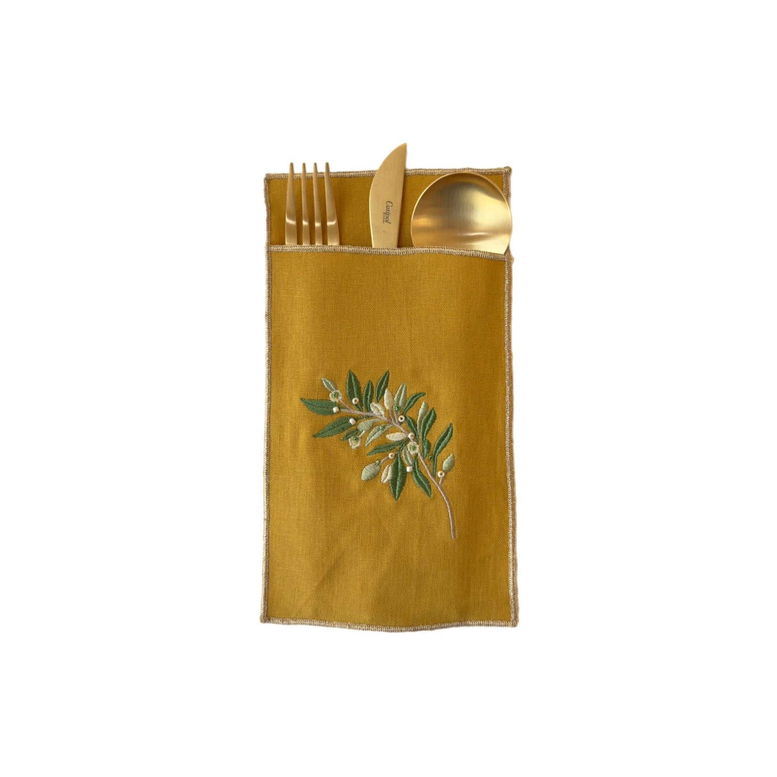 A Table Embroidered Cutlery Pouch - Olive Branch