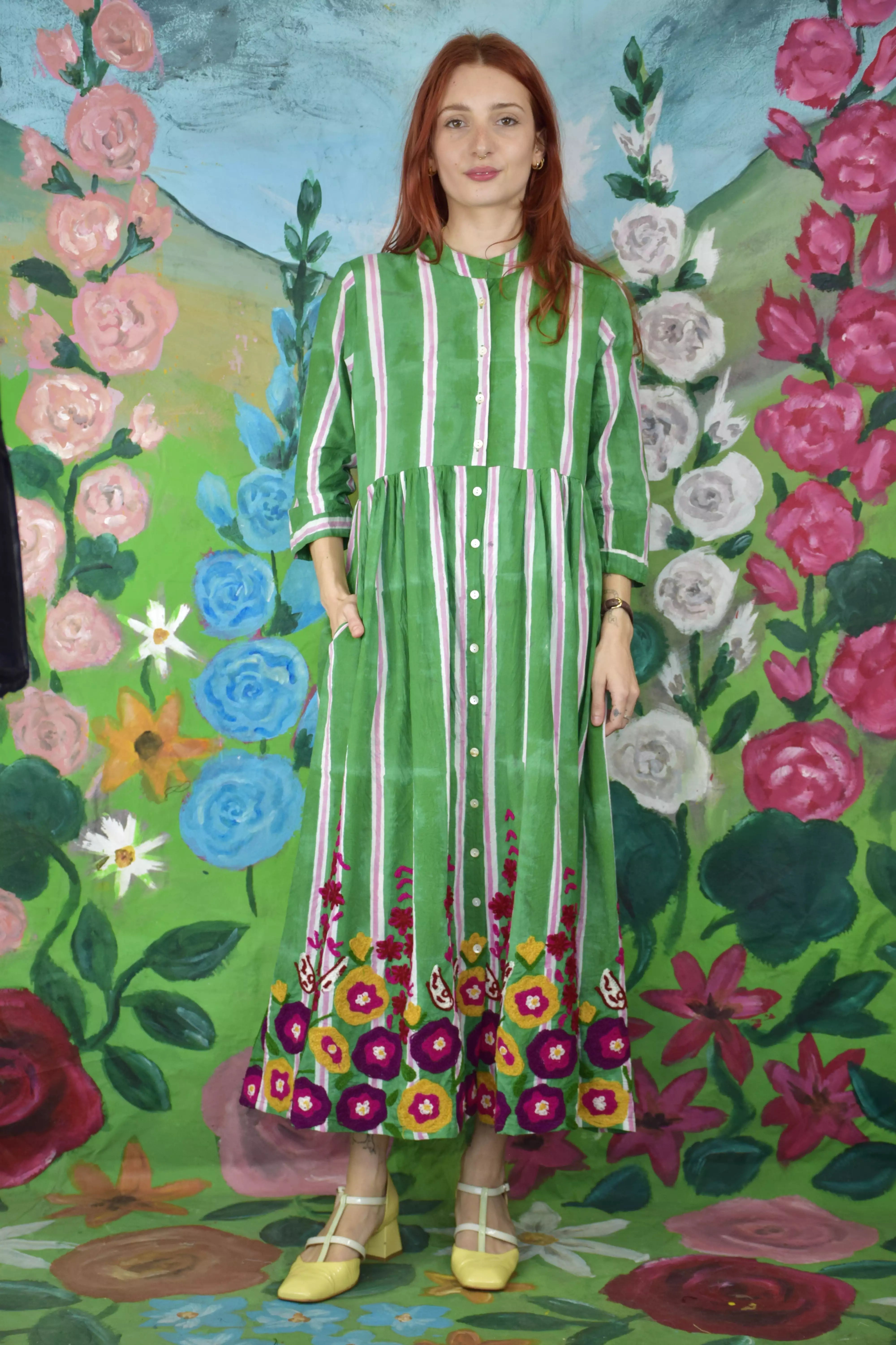 Cotton Dress Coreana Green Embroidered