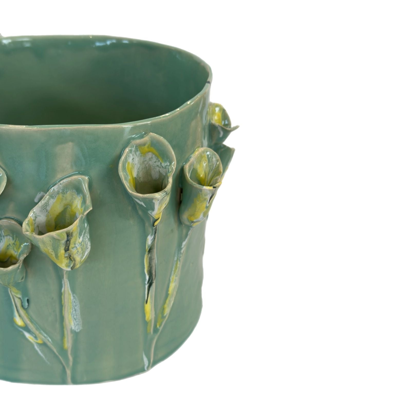 Ceramic Vase with 3D Flowers -  Celadon with Gold Rim