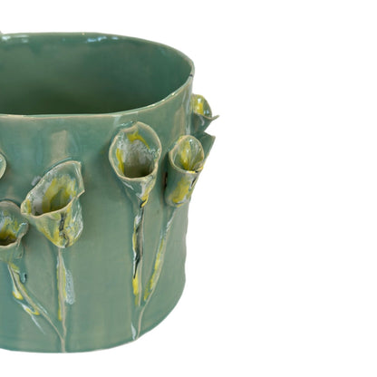 Ceramic Vase with 3D Flowers -  Celadon with Gold Rim
