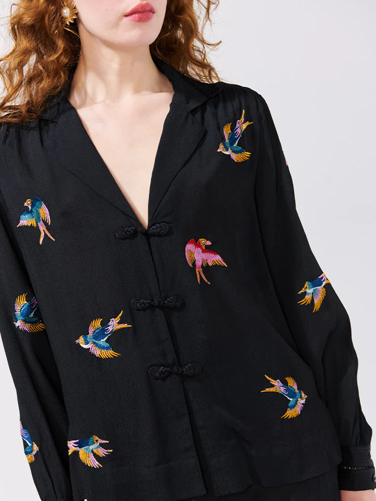 Hayley  Menzies Midnight Charming Birds Embroidered Crepe Pyjama Blouse