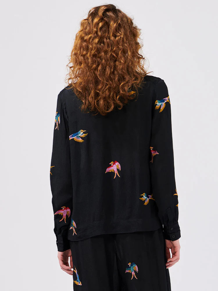 Hayley  Menzies Midnight Charming Birds Embroidered Crepe Pyjama Blouse