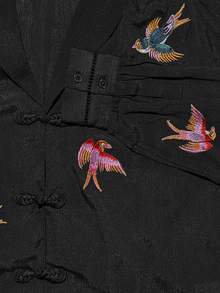 Hayley  Menzies Midnight Charming Birds Embroidered Crepe Pyjama Blouse