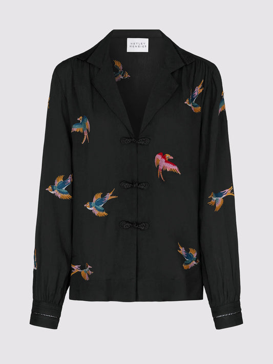 Hayley  Menzies Midnight Charming Birds Embroidered Crepe Pyjama Blouse