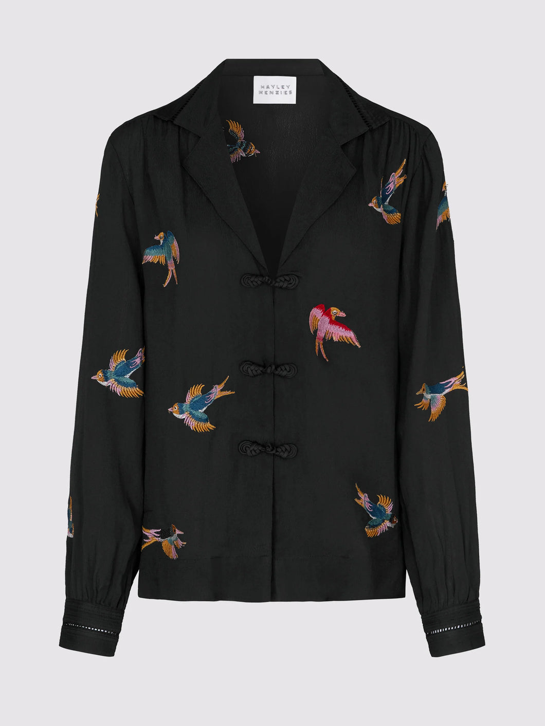 Hayley  Menzies Midnight Charming Birds Embroidered Crepe Pyjama Blouse