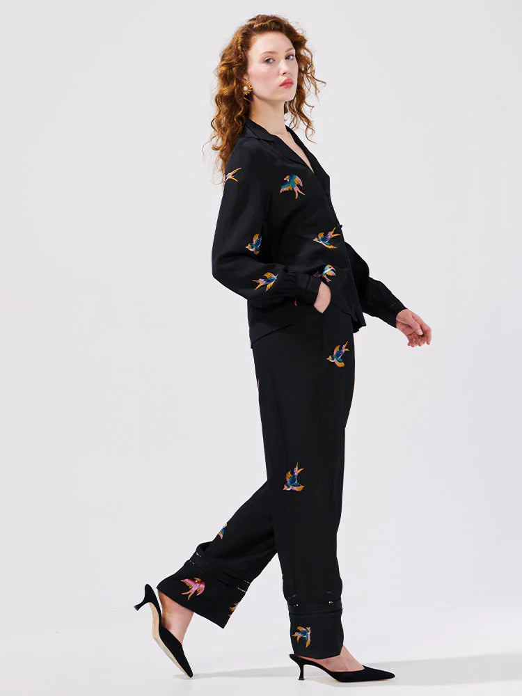 Hayley  Menzies Midnight Charming Birds Embroidered Crepe Trousers