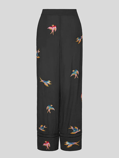 Hayley  Menzies Midnight Charming Birds Embroidered Crepe Trousers