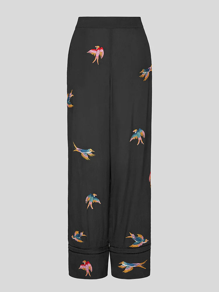 Hayley  Menzies Midnight Charming Birds Embroidered Crepe Trousers