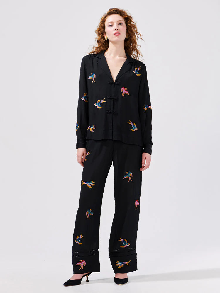 Hayley  Menzies Midnight Charming Birds Embroidered Crepe Trousers