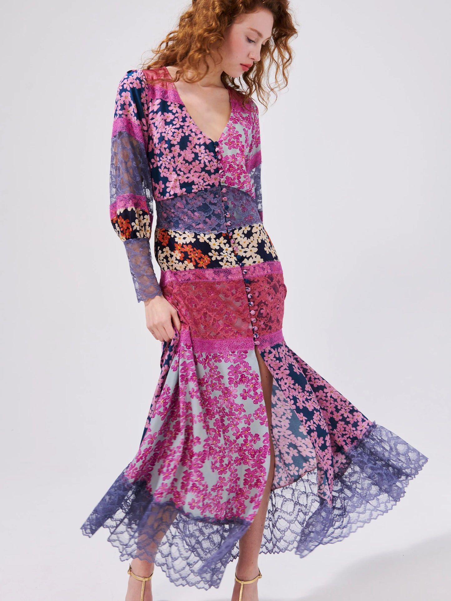 Hayley  Menzies Cherry Blossom Lace Paneled Silk Dress