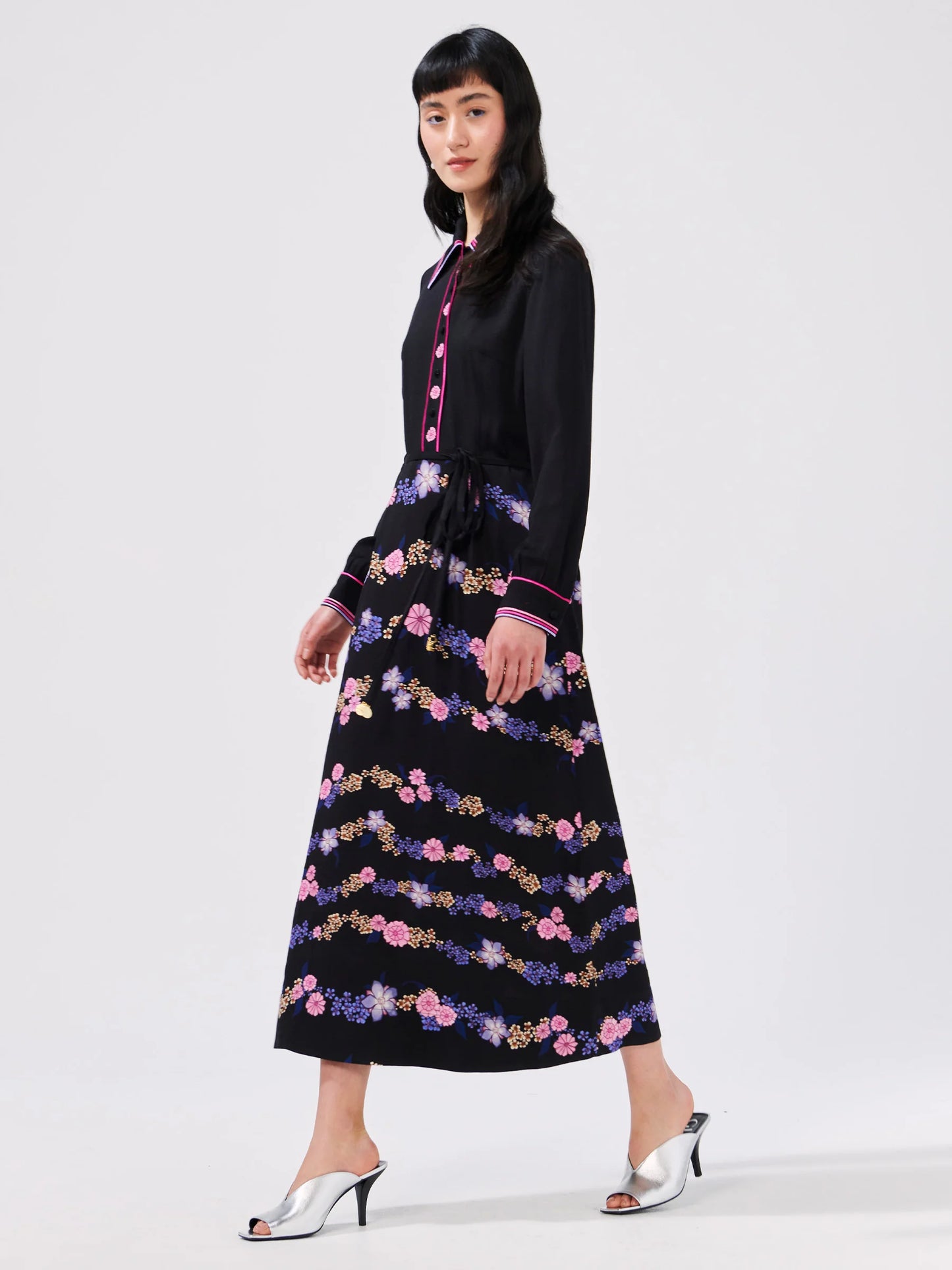 Hayley  Menzies Floral Chain Embroidered Crepe Shirt Dress